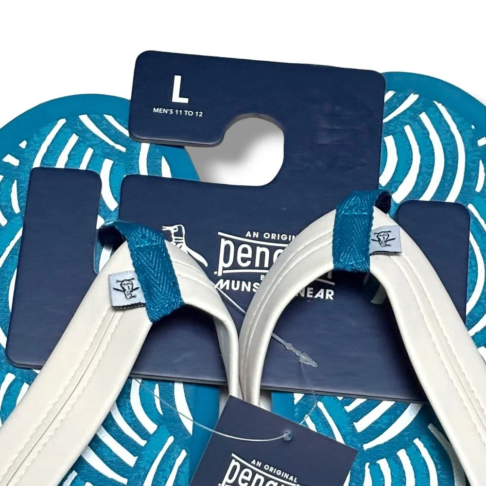 Original Penguin Mens Flip Flops Teal Blue‎ White Wave Pattern Size L 11-12 NEW